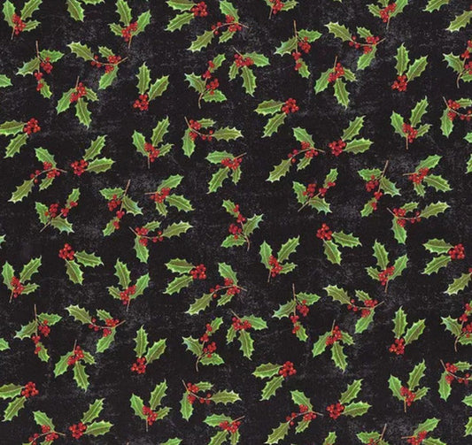 Touch of Splendor Holly on Black 100% Cotton Price per Yard