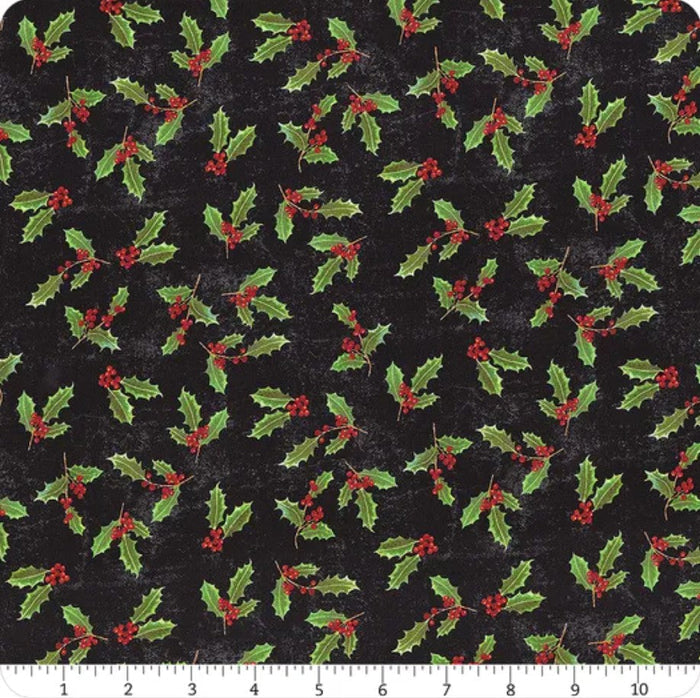 Touch of Splendor Holly on Black 100% Cotton Price per Yard