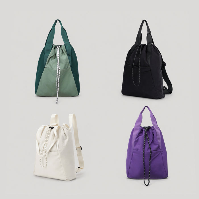 Group display of the ultralight 2-way backpack in green, black, white, and purple.