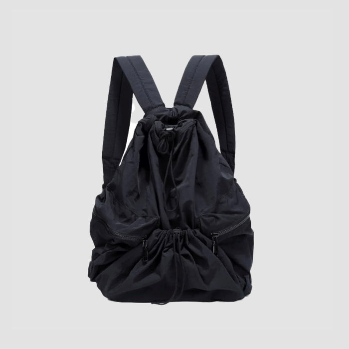 Classic black nylon drawstring backpack; sleek and professional design ideal for commuting or travel.