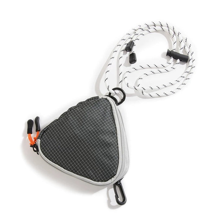 Studio product view of the black triangle nylon pouch featuring a black carabiner clip and white utility cord strap.