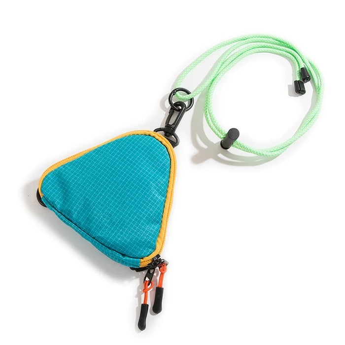 Studio product view of the teal blue triangle utility bag showing the adjustable knots on the bright green paracord shoulder strap.