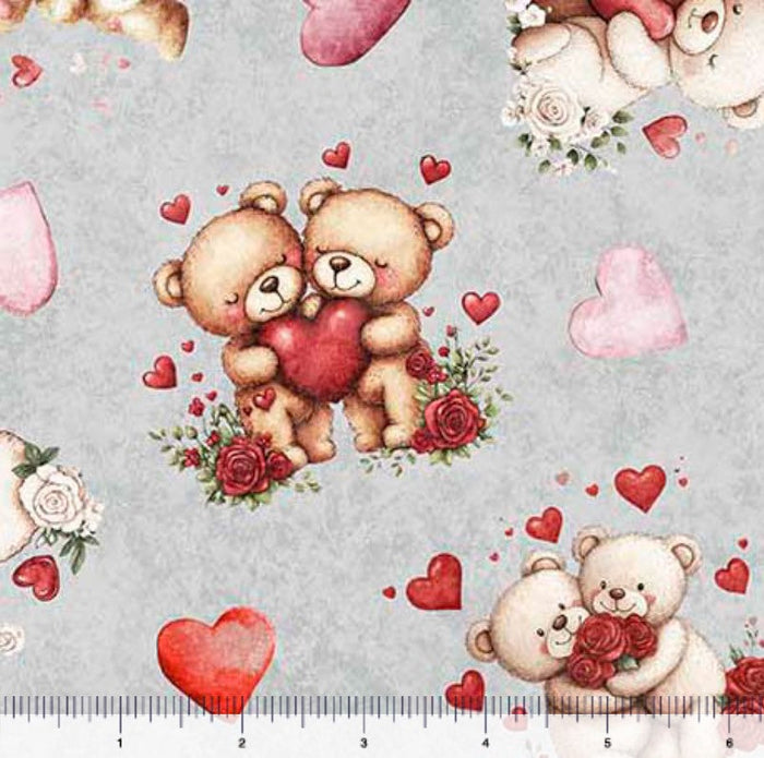 Valentines Bears and Hearts on Gray 100% Cotton Price per Yard