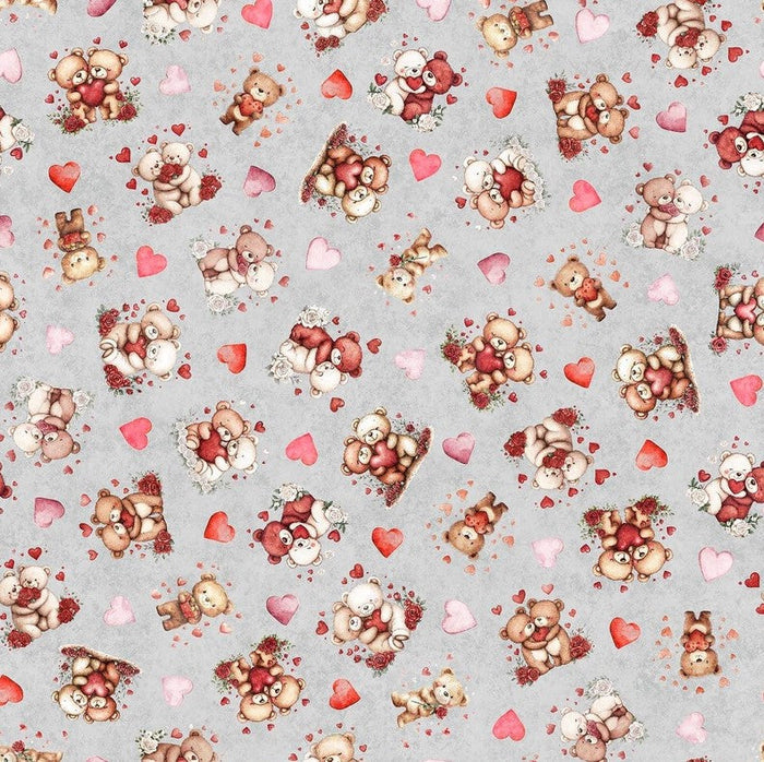 Valentines Bears and Hearts on Gray 100% Cotton Price per Yard
