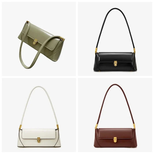 Front view of Four vintage baguette shoulder bags: green, black, white, and brown.
