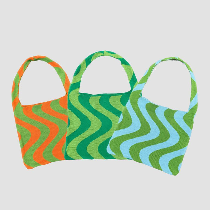 Front view of Three polyester knitted bags with wave patterns: orange/green, dark green/light green, and blue/green.