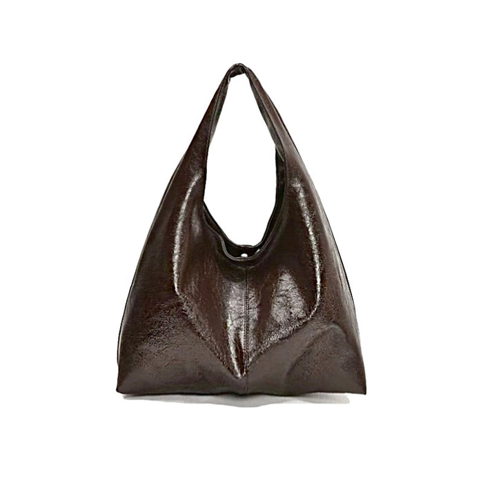 Dark brown waxed leather hobo bag showing its soft and slouchy shape.