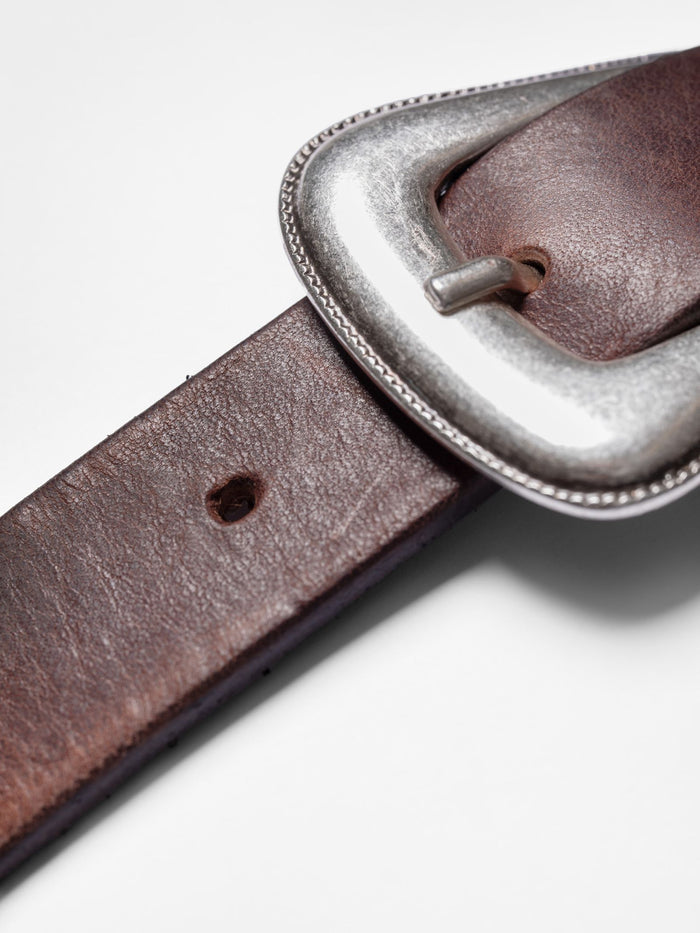 Western Silver Leather Belt - Dark Brown