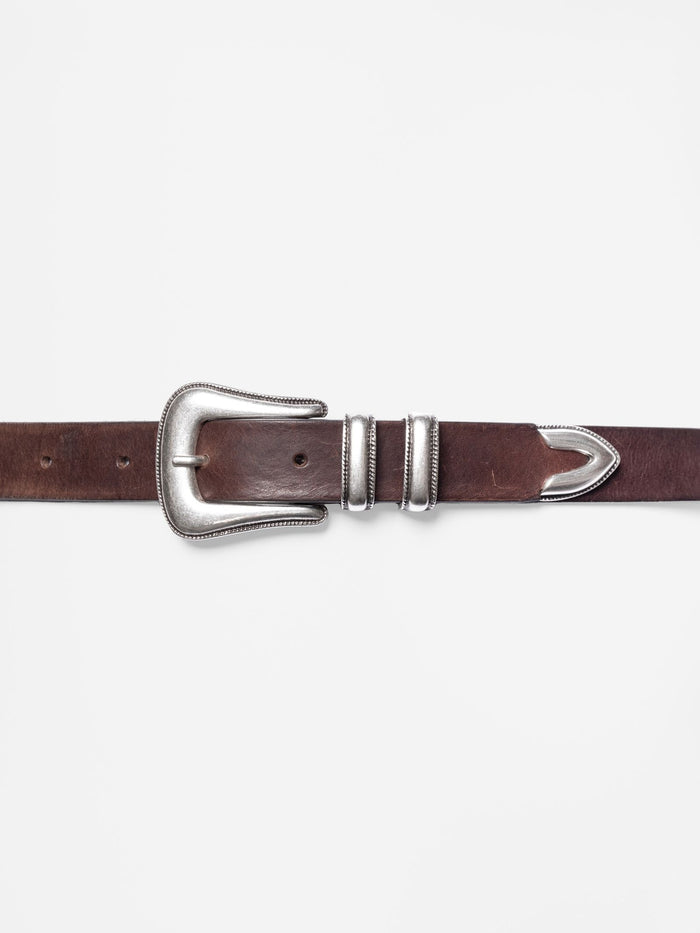 Western Silver Leather Belt - Dark Brown