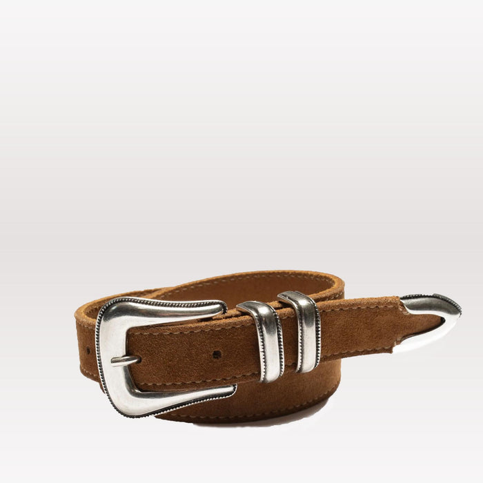 Western Suede Silver Leather Belt - Tobacco