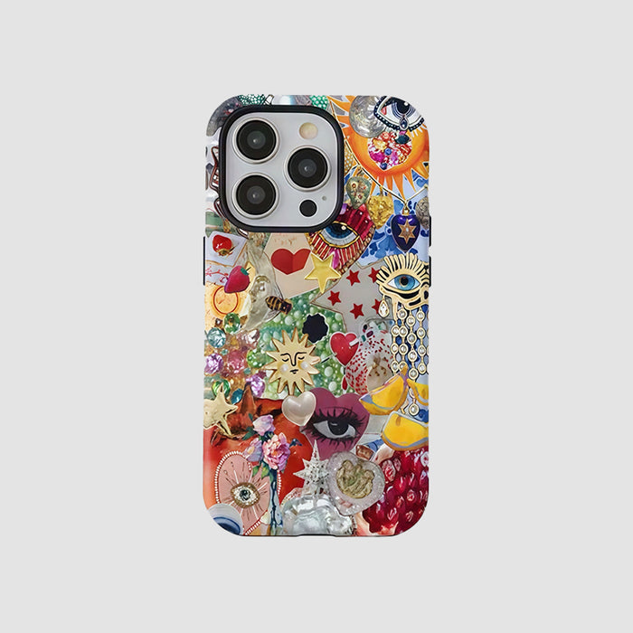 Whimsy Fusion silicone case with colorful collage art of hearts, eyes, and stars.