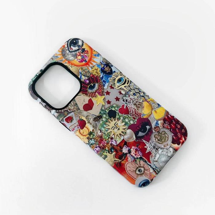 Whimsy Fusion case featuring a vibrant eclectic collage of hearts, suns, and stars.