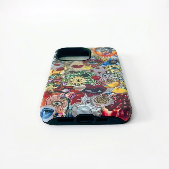 Front view of Whimsy Fusion Case. Artistic blend of colorful motifs on soft premium silicone.
