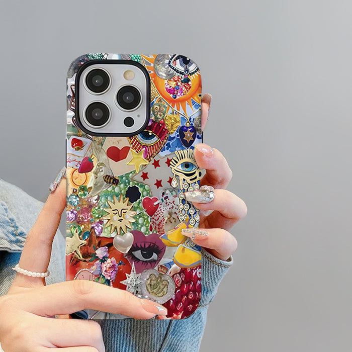 Model holding Whimsy Fusion Case. Showcasing an abstract blend of artistic motifs on resilient silicone.