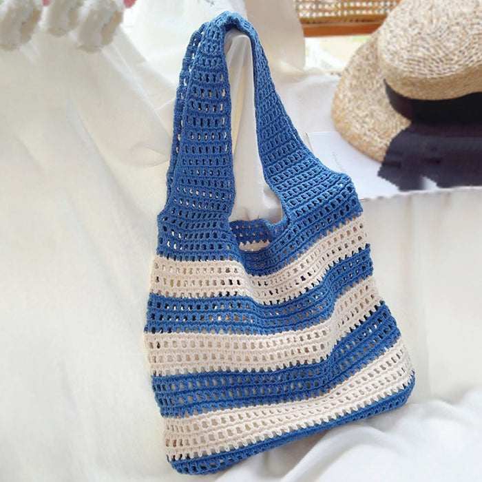 Front view of Wide Stripe Crochet Bag in blue, ideal for errands and gifting.