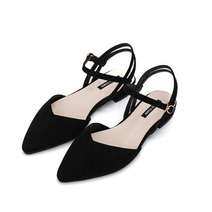 Woman's Fashion Adjustable Ankle Strap Buckle Pointed Toe Low Wedge Flat Sandals