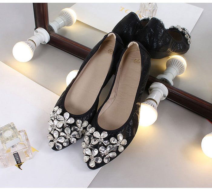 Women Foldable Comfort Ballet Flats Classic Rhinestone Soft Sole Slip on Dress Flat Shoes