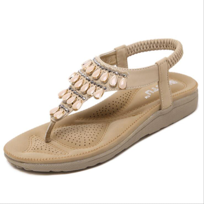 Women T-Strap Summer Sandals Beach Platform Beads Flip Flops Thong Flat Shoes