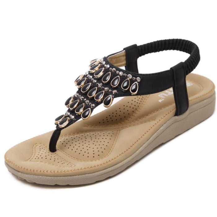 Women T-Strap Summer Sandals Beach Platform Beads Flip Flops Thong Flat Shoes