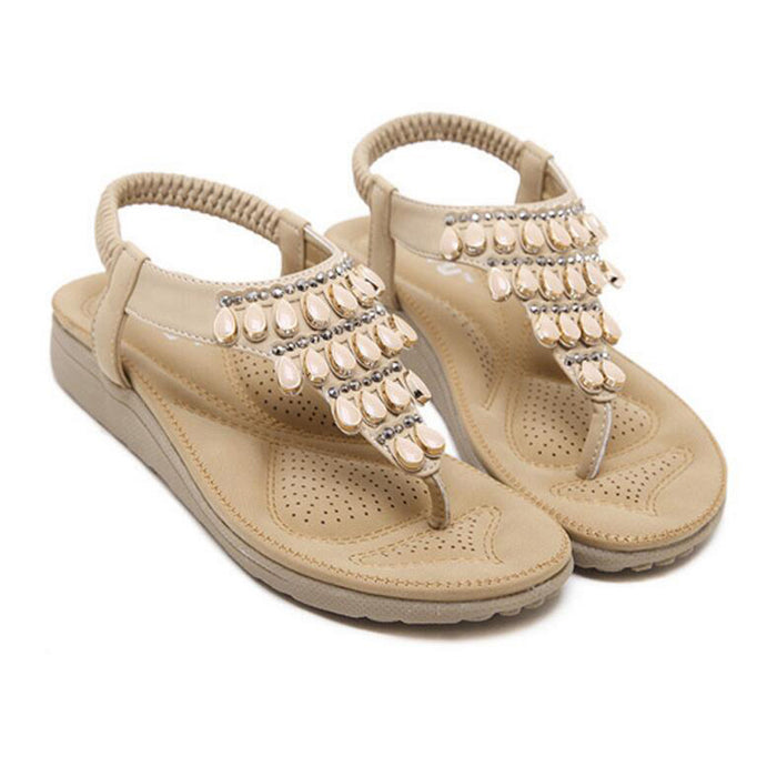 Women T-Strap Summer Sandals Beach Platform Beads Flip Flops Thong Flat Shoes