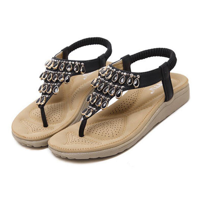 Women T-Strap Summer Sandals Beach Platform Beads Flip Flops Thong Flat Shoes