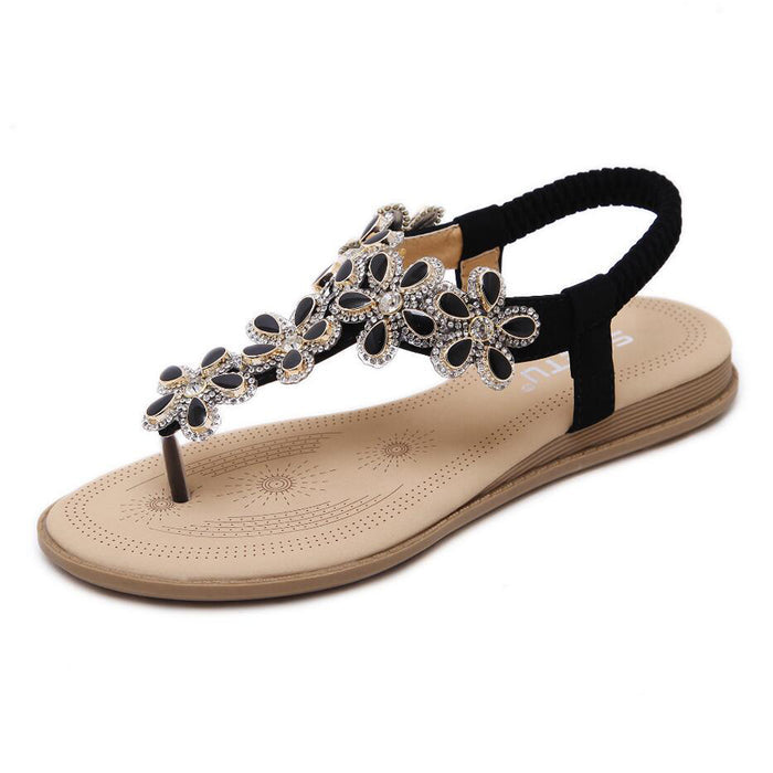 Women's Rhinestone Flat Sandals Glitter Shoes Bohemian Summer Beach T-Strap Flip-Flops Thong Sandals