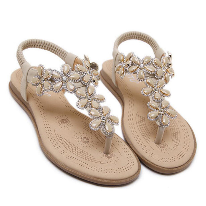 Women's Rhinestone Flat Sandals Glitter Shoes Bohemian Summer Beach T-Strap Flip-Flops Thong Sandals