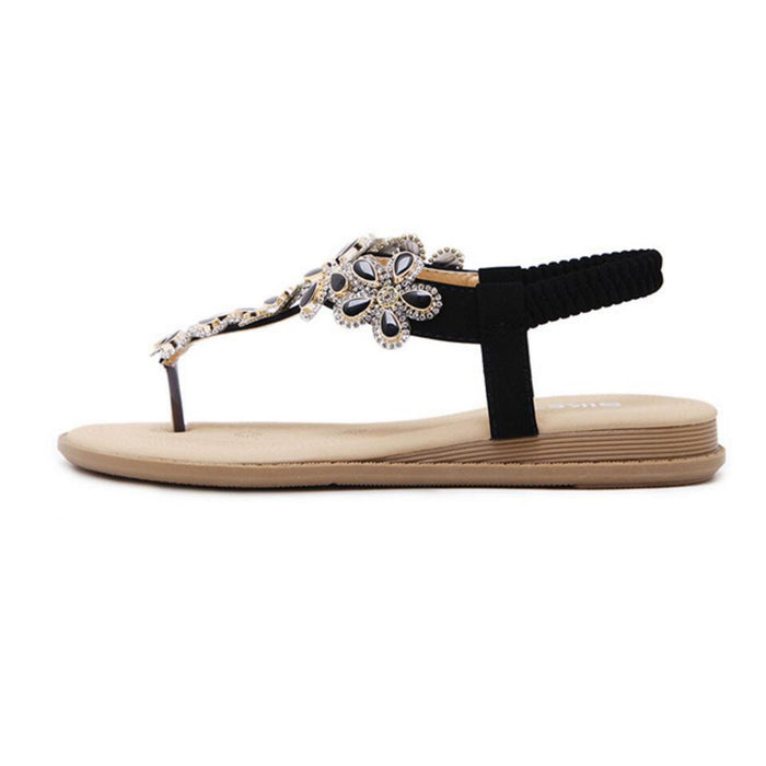 Women's Rhinestone Flat Sandals Glitter Shoes Bohemian Summer Beach T-Strap Flip-Flops Thong Sandals
