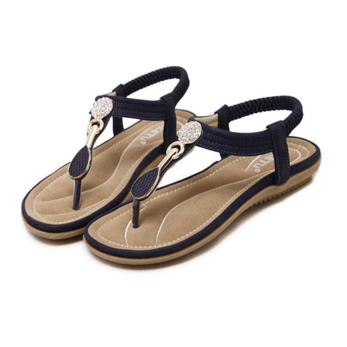 Womens Summer Beach Flat Sandals Rhinestone Shiny Beads Slip On Flip Flops Thong Shoes