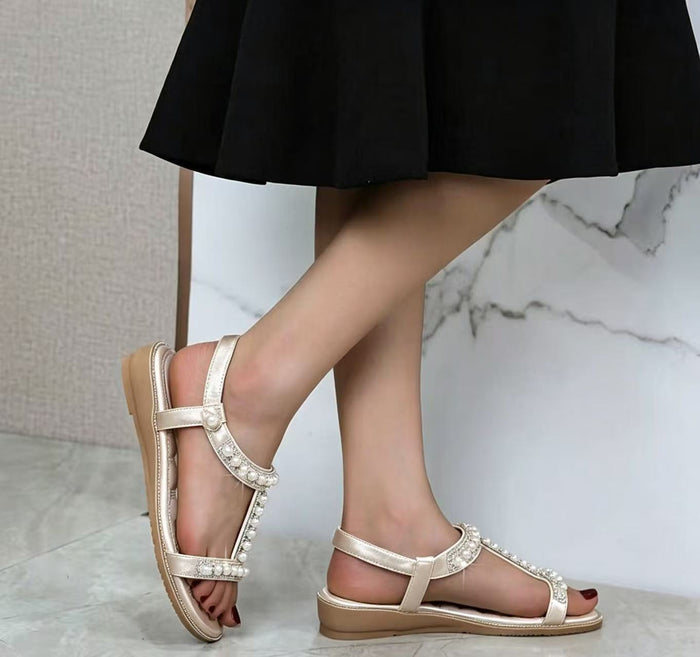 Womens Summer Flat Sandals T-Strap Bohemian Rhinestone Slip On Shoes