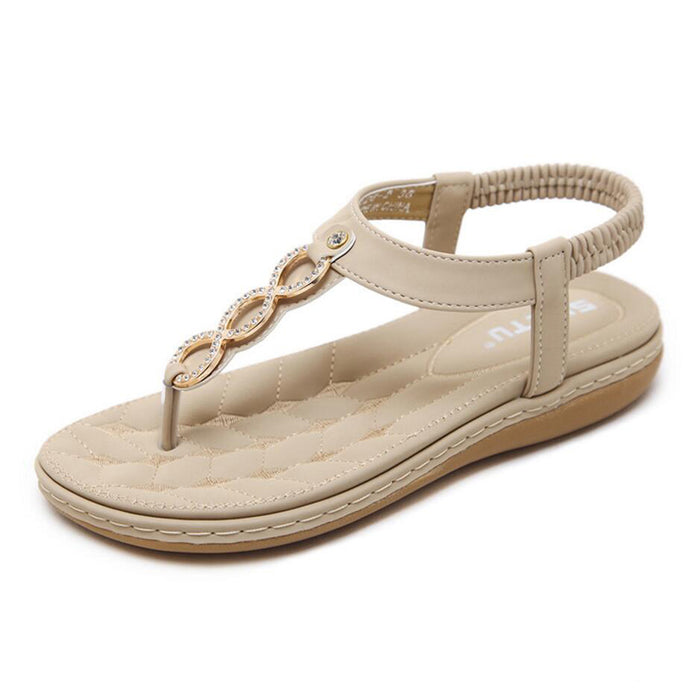 Womens Summer Thong Flat Sandals T-Strap Bohemian Rhinestone Slip On Flip Flops Shoes
