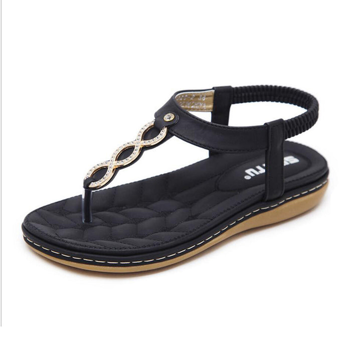 Womens Summer Thong Flat Sandals T-Strap Bohemian Rhinestone Slip On Flip Flops Shoes