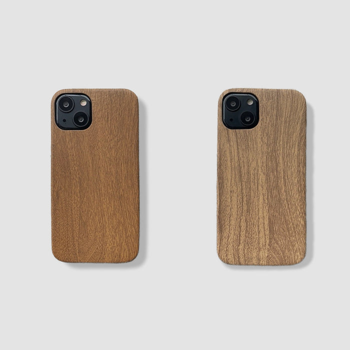 Two TPU wood grain phone cases for iPhone in dark brown and light brown shades.