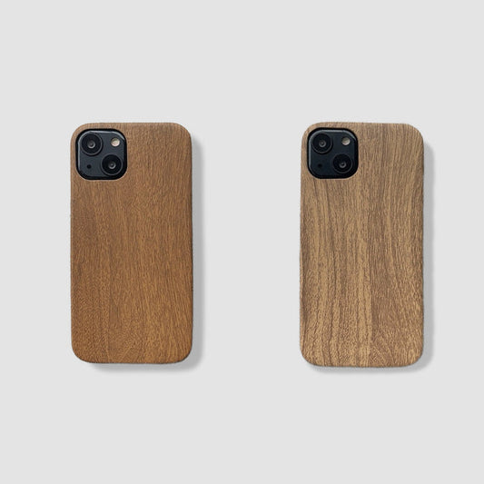 Two TPU wood grain phone cases for iPhone in dark brown and light brown shades.