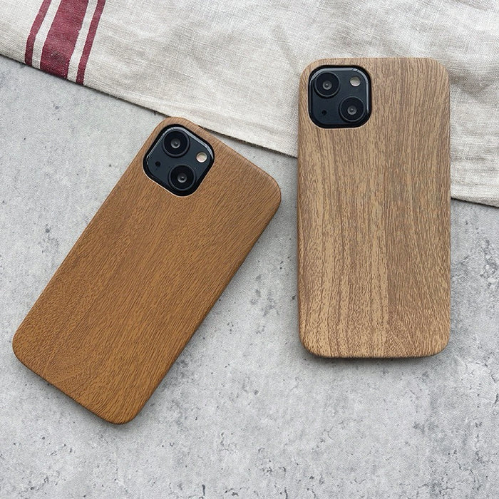 Two TPU cases with a natural wood grain finish, featuring one darker and one lighter tone.